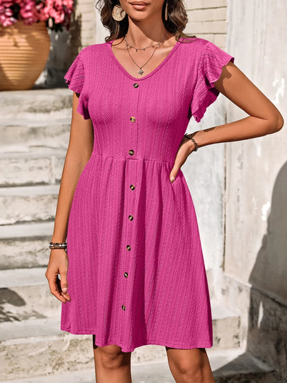 V-Neck Ruffled Cap Sleeve Dress