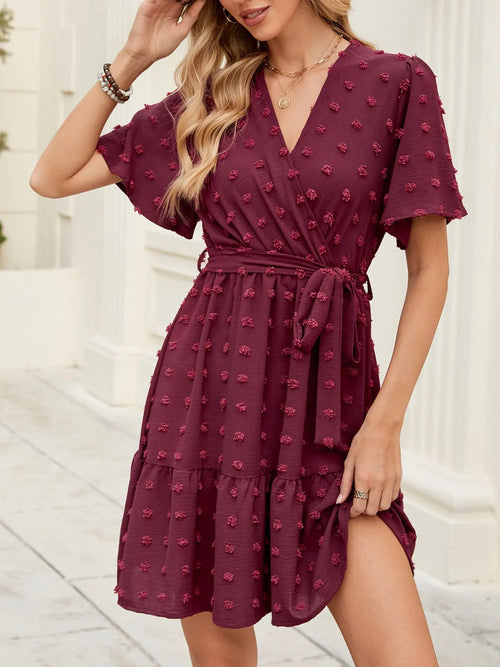 Swiss Dot Flutter Sleeve Wrap Dress