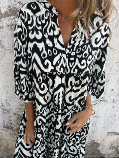Full Size Printed Notched Half Sleeve Dress Plus Size