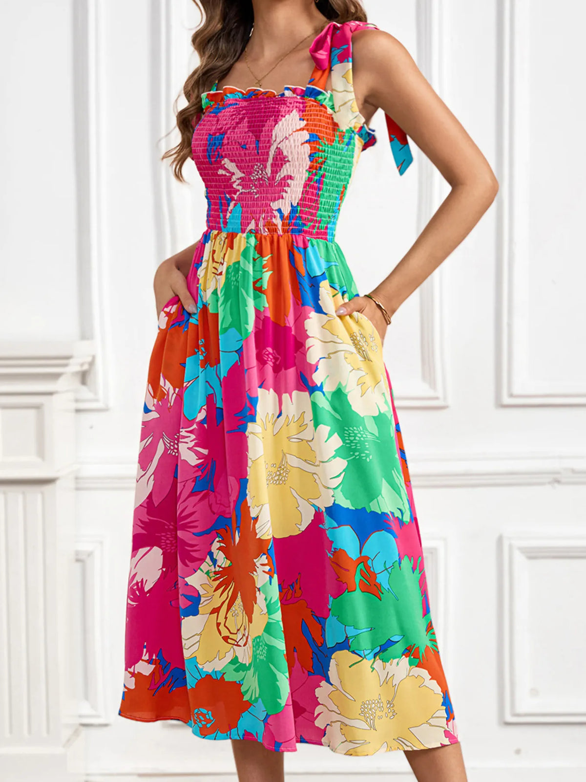 Smocked Printed Tie Shoulder Midi Dress