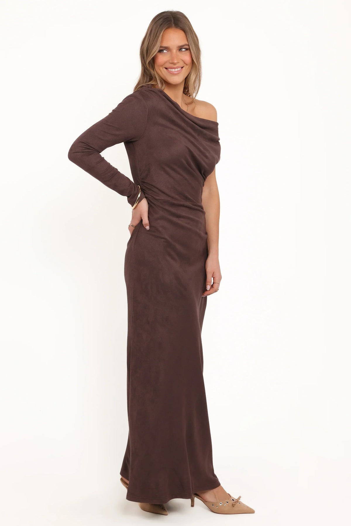 Olympia Off Shoulder Maxi Dress - Chocolate