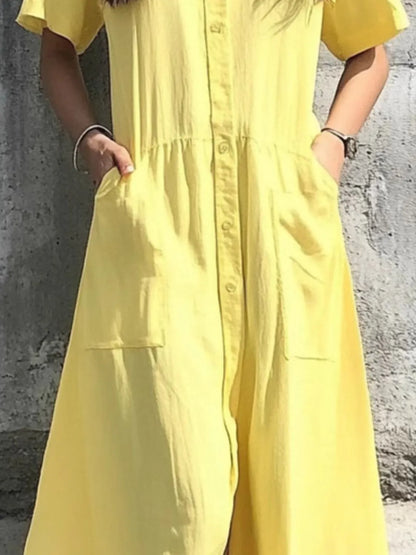 Button Front Short Sleeve Midi Dress