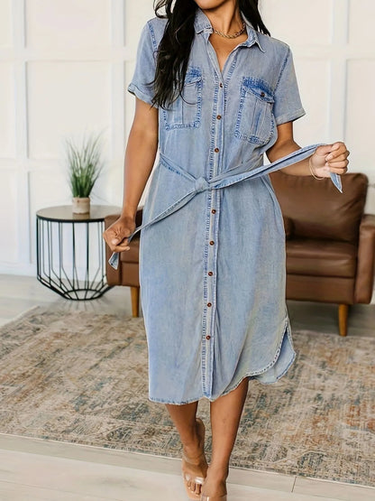 Button Front Short Sleeve Denim Dress
