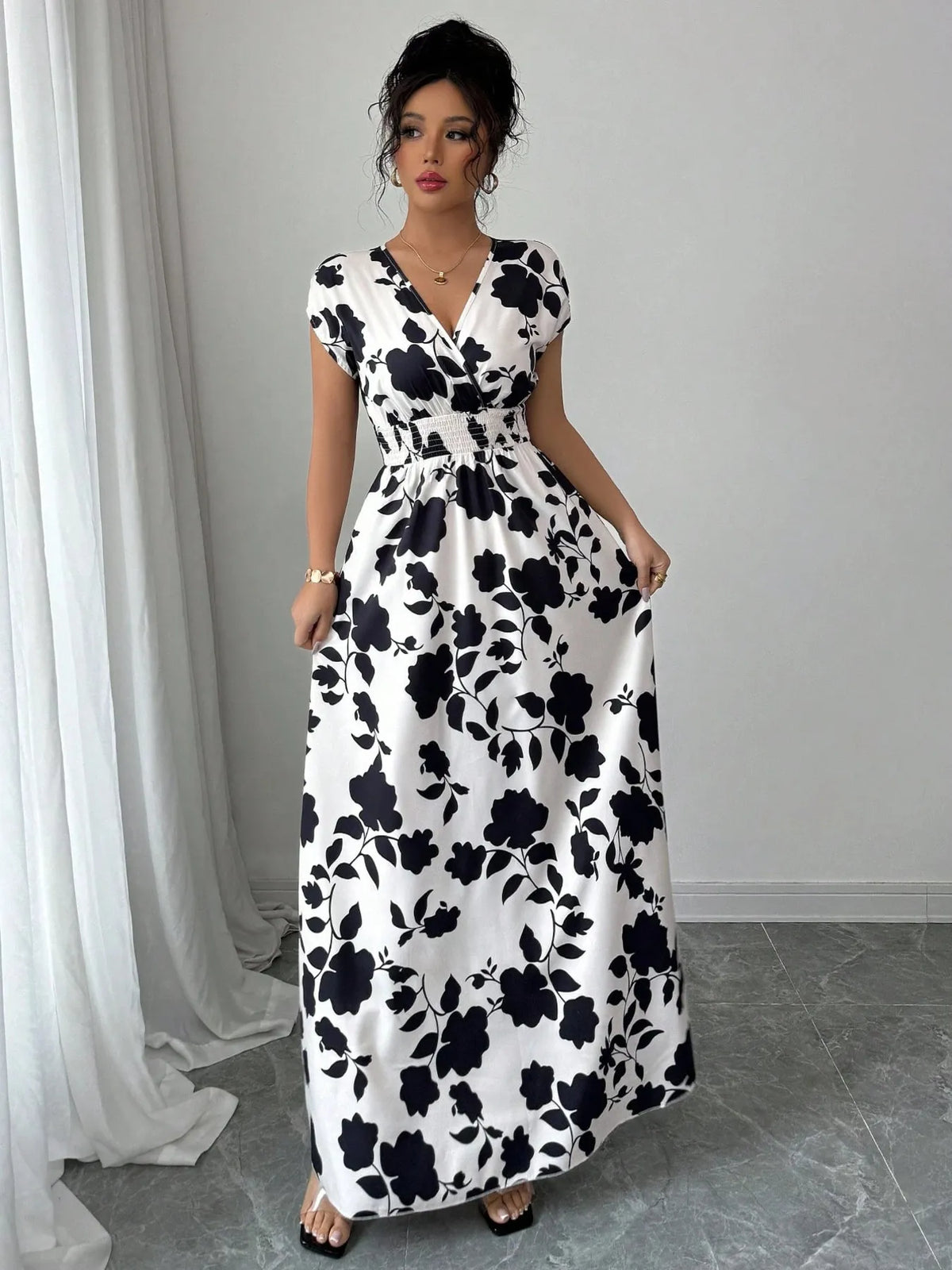 Printed Surplice Cap Sleeve Maxi Dress