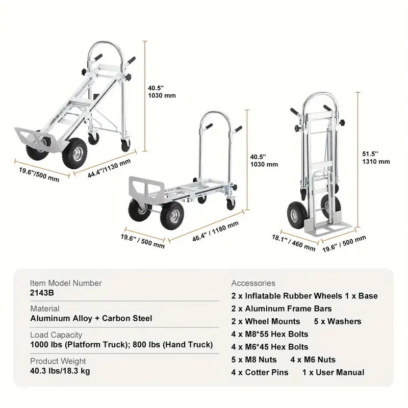 Aluminum Folding Trolley, 4 in 1 Design, 1000 lbs Load Capacity, Heavy Duty Industrial Foldable Trolley, Transporter with Rubber Wheels, Suitable for Transport and Moving in Warehouse, Supermarket, Garden