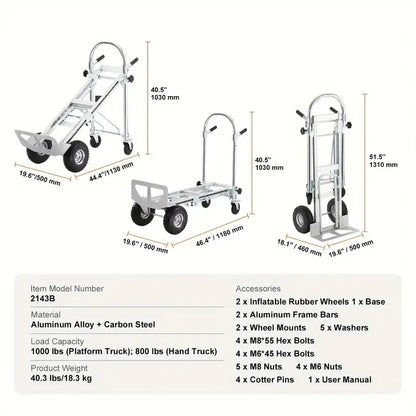 Aluminum Folding Trolley, 4 in 1 Design, 1000 lbs Load Capacity, Heavy Duty Industrial Foldable Trolley, Transporter with Rubber Wheels, Suitable for Transport and Moving in Warehouse, Supermarket, Garden