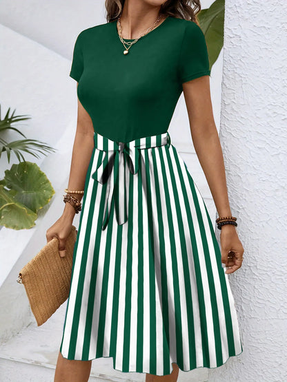Striped Round Neck Short Sleeve Dress