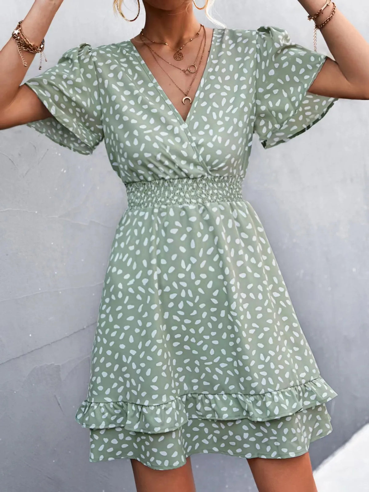 V-Neck Flutter Sleeve Mini Dress