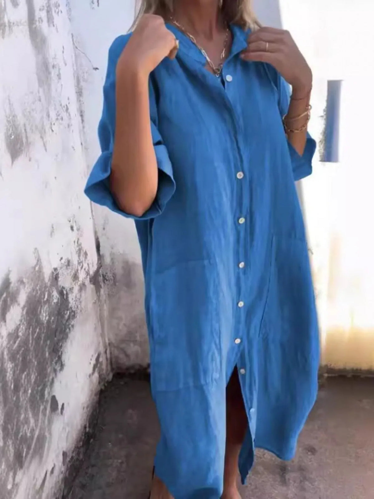 Full Size Casual Linen Button-Down Shirt Dress Plus Size