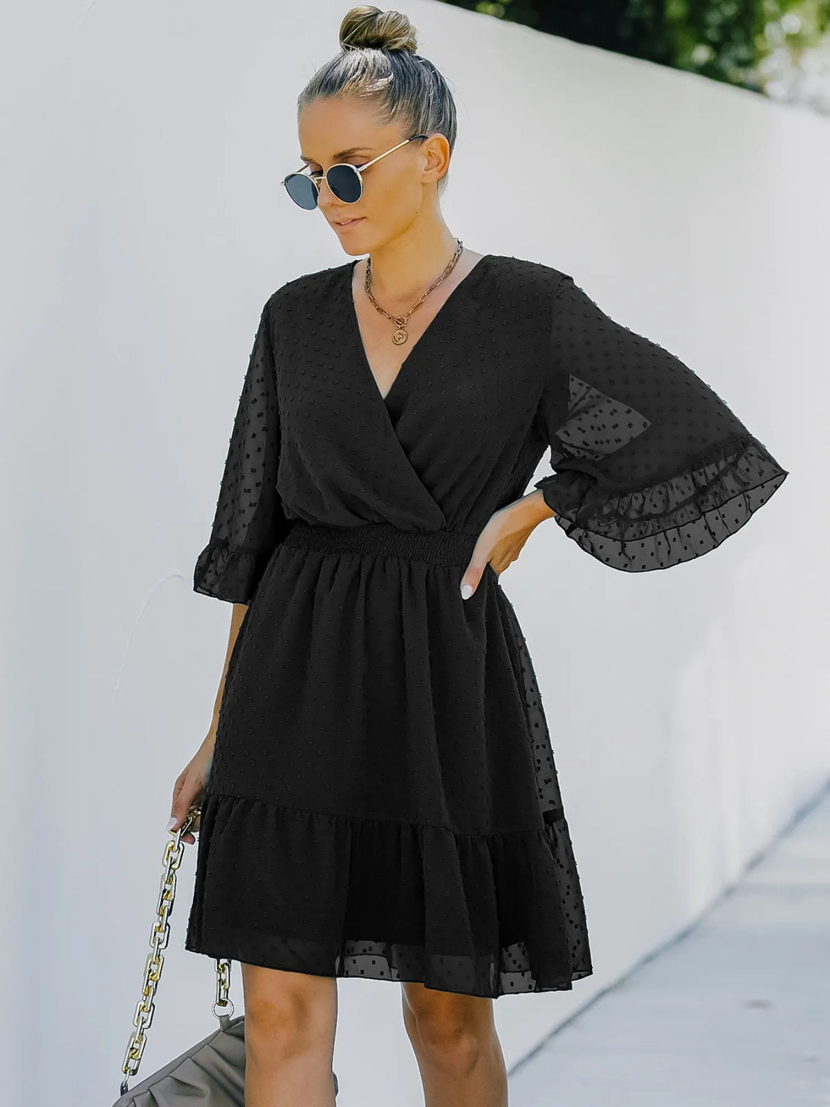Swiss Dot Flare Sleeve Wrap Mini Dress