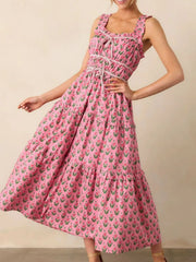 Floral Print Ruffled Midi Dress with Pockets
