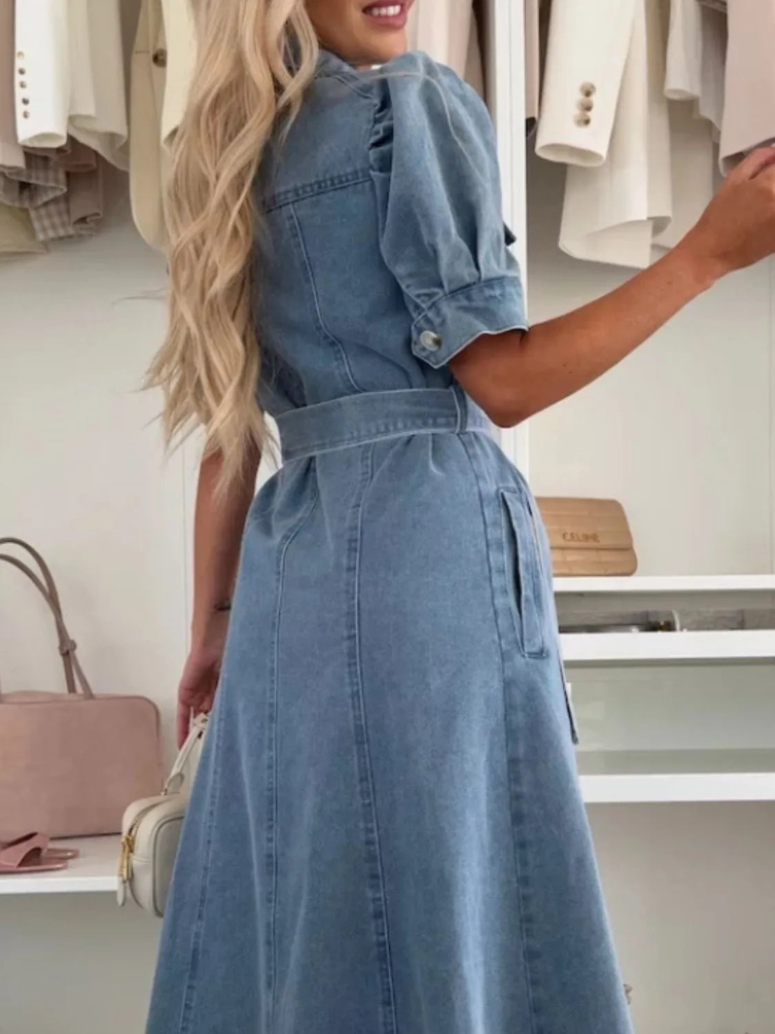 Puff Sleeve Button Down Belted Denim Midi Dress