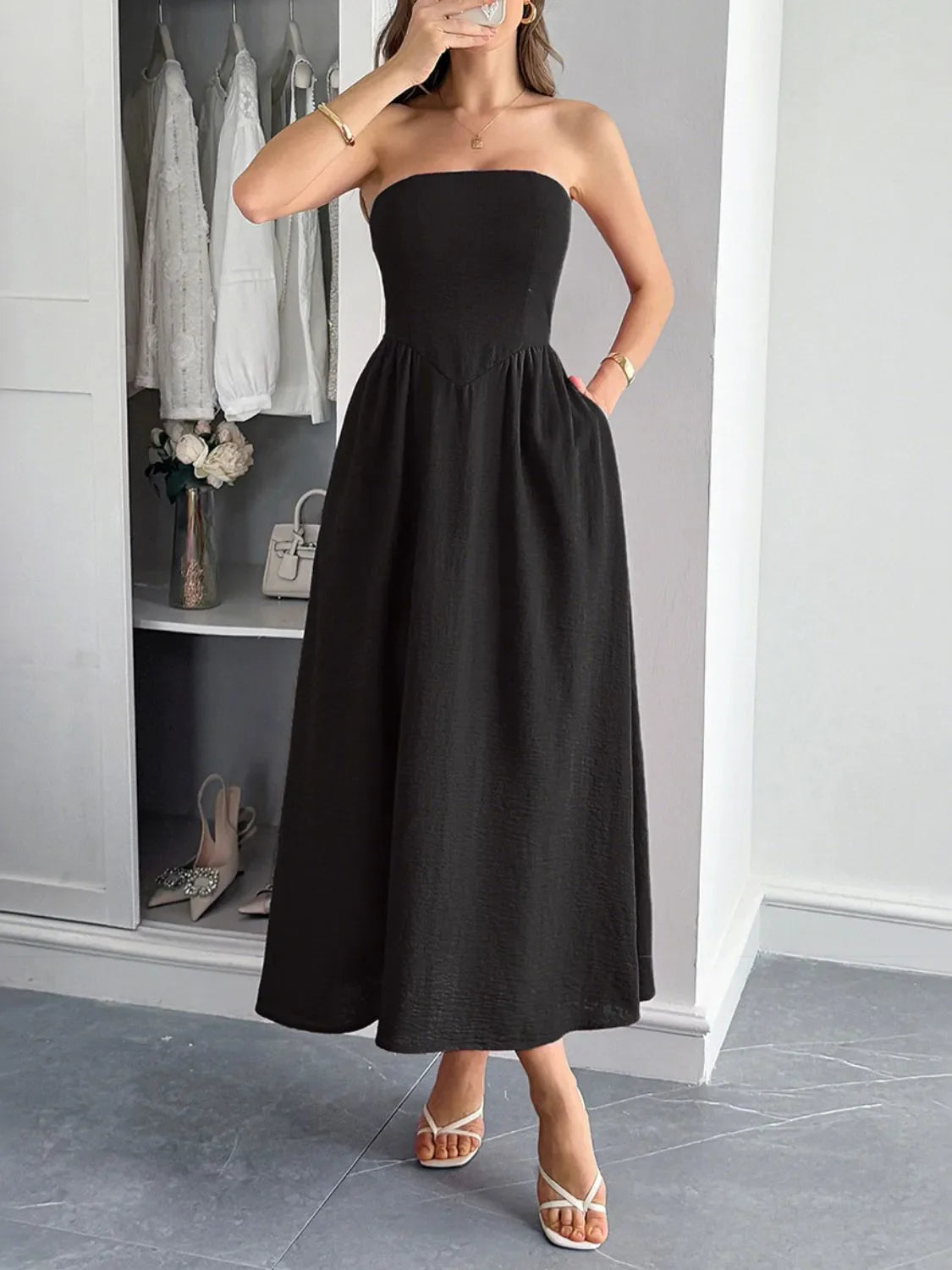 Strapless A-Line Midi Dress with Pockets