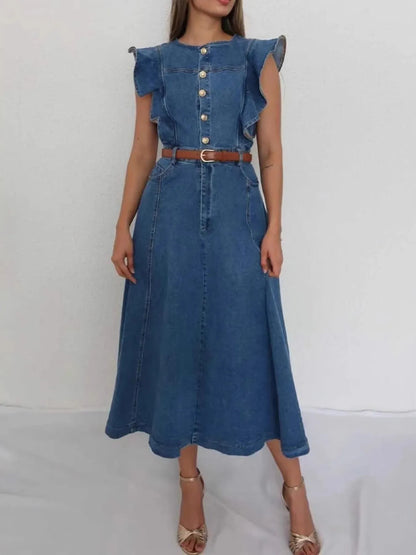 Button-Front Ruffle Sleeve Denim Midi Dress