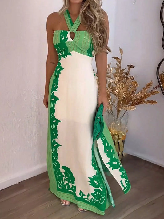 Halter Neck Leaf Print Maxi Dress
