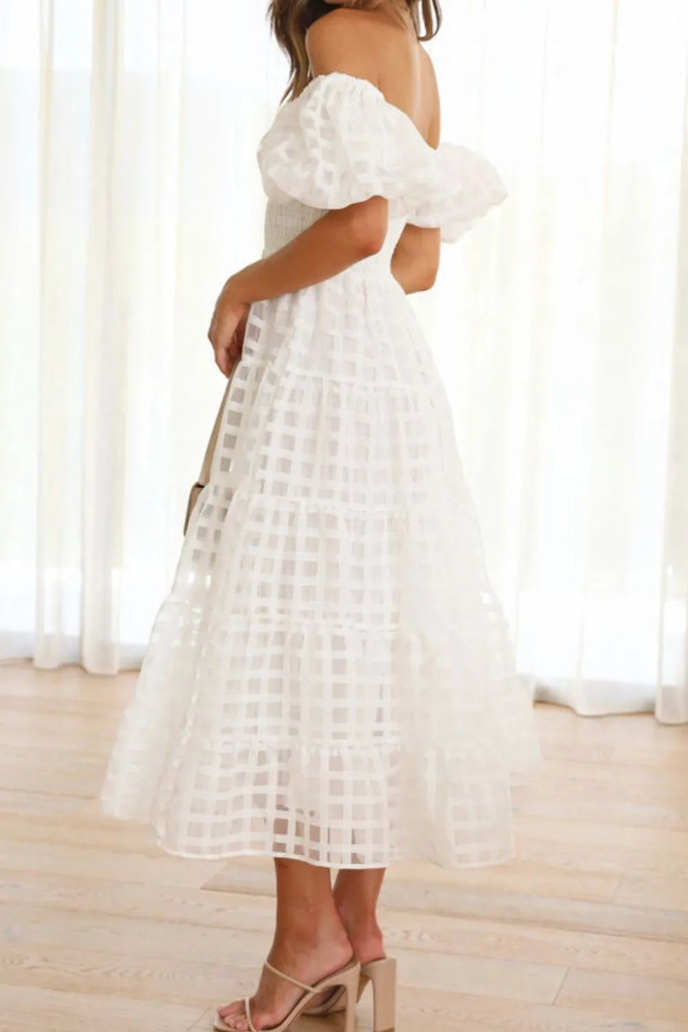 Off Shoulder Short Puff Sleeve Midi Dress