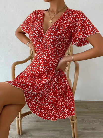 Floral Flutter Sleeve Wrap Mini Dress