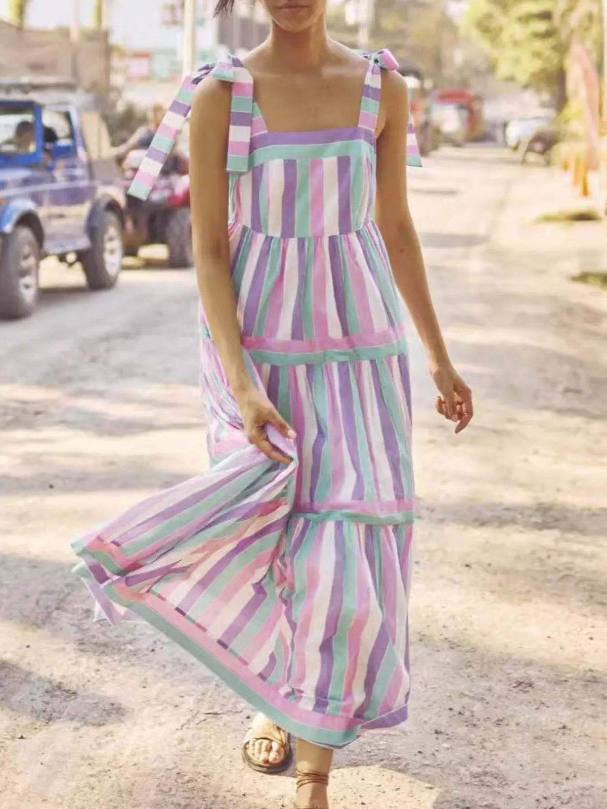 Striped Tiered Maxi Summer Dress with Bow Shoulder Ties