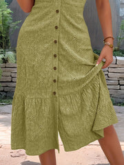 Eyelet Button Front V-Neck Midi Dress