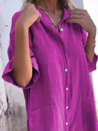 Full Size Casual Linen Button-Down Shirt Dress Plus Size