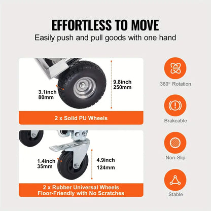 Aluminum Folding Trolley, 4 in 1 Design, 1000 lbs Load Capacity, Heavy Duty Industrial Foldable Trolley, Transporter with Rubber Wheels, Suitable for Transport and Moving in Warehouse, Supermarket, Garden