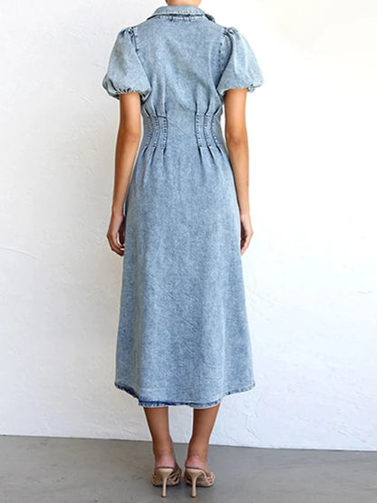Puff Sleeve Button Front Denim Midi Dress