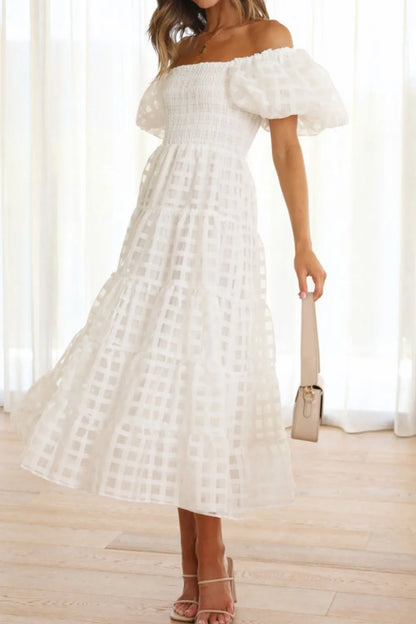 Off Shoulder Short Puff Sleeve Midi Dress