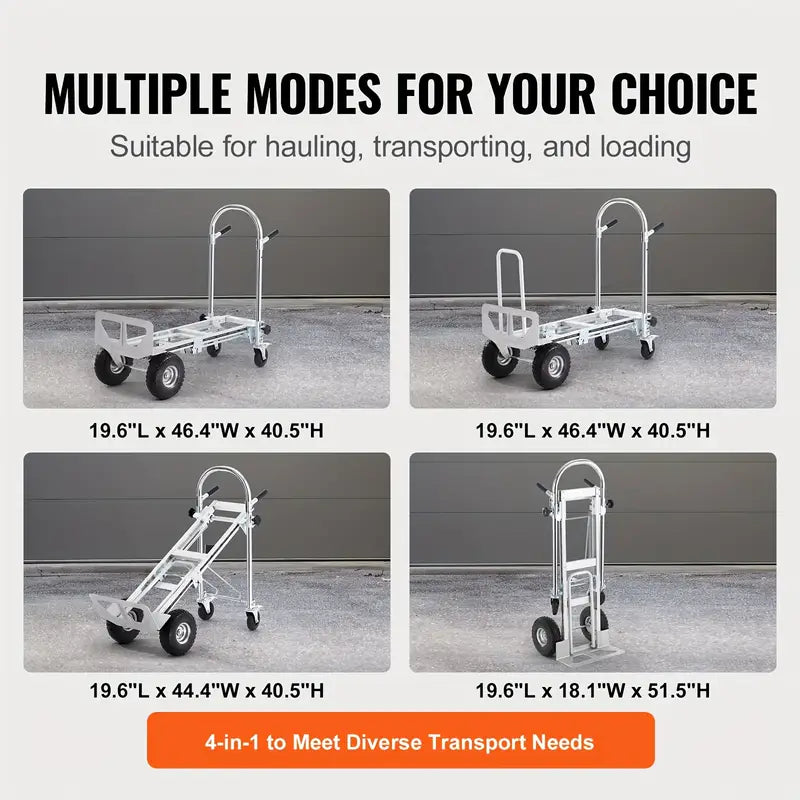 Aluminum Folding Trolley, 4 in 1 Design, 1000 lbs Load Capacity, Heavy Duty Industrial Foldable Trolley, Transporter with Rubber Wheels, Suitable for Transport and Moving in Warehouse, Supermarket, Garden