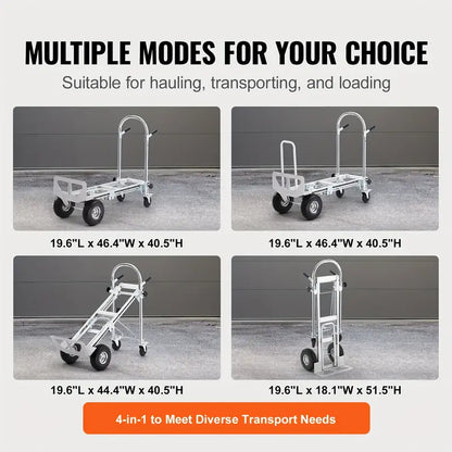 Aluminum Folding Trolley, 4 in 1 Design, 1000 lbs Load Capacity, Heavy Duty Industrial Foldable Trolley, Transporter with Rubber Wheels, Suitable for Transport and Moving in Warehouse, Supermarket, Garden