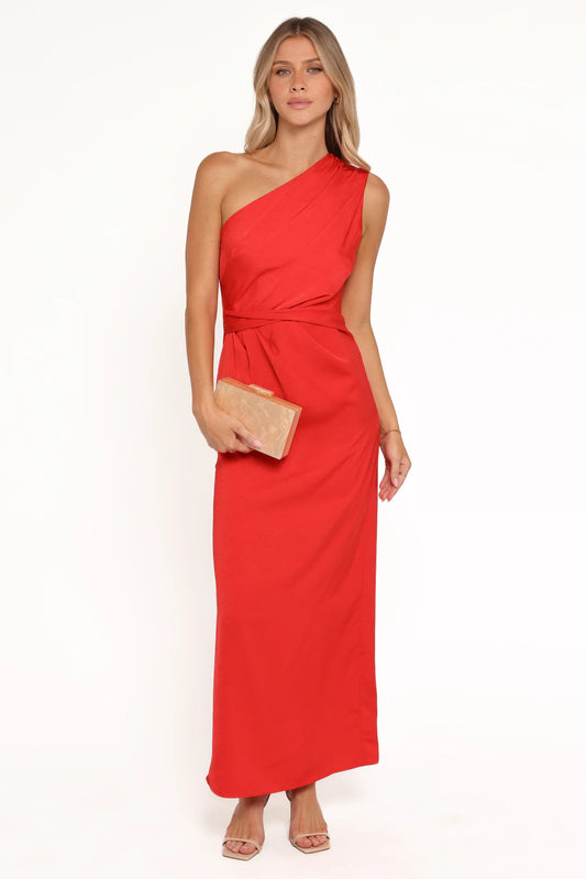 Nadia One Shoulder Maxi Dress - Red Jacquard Satin