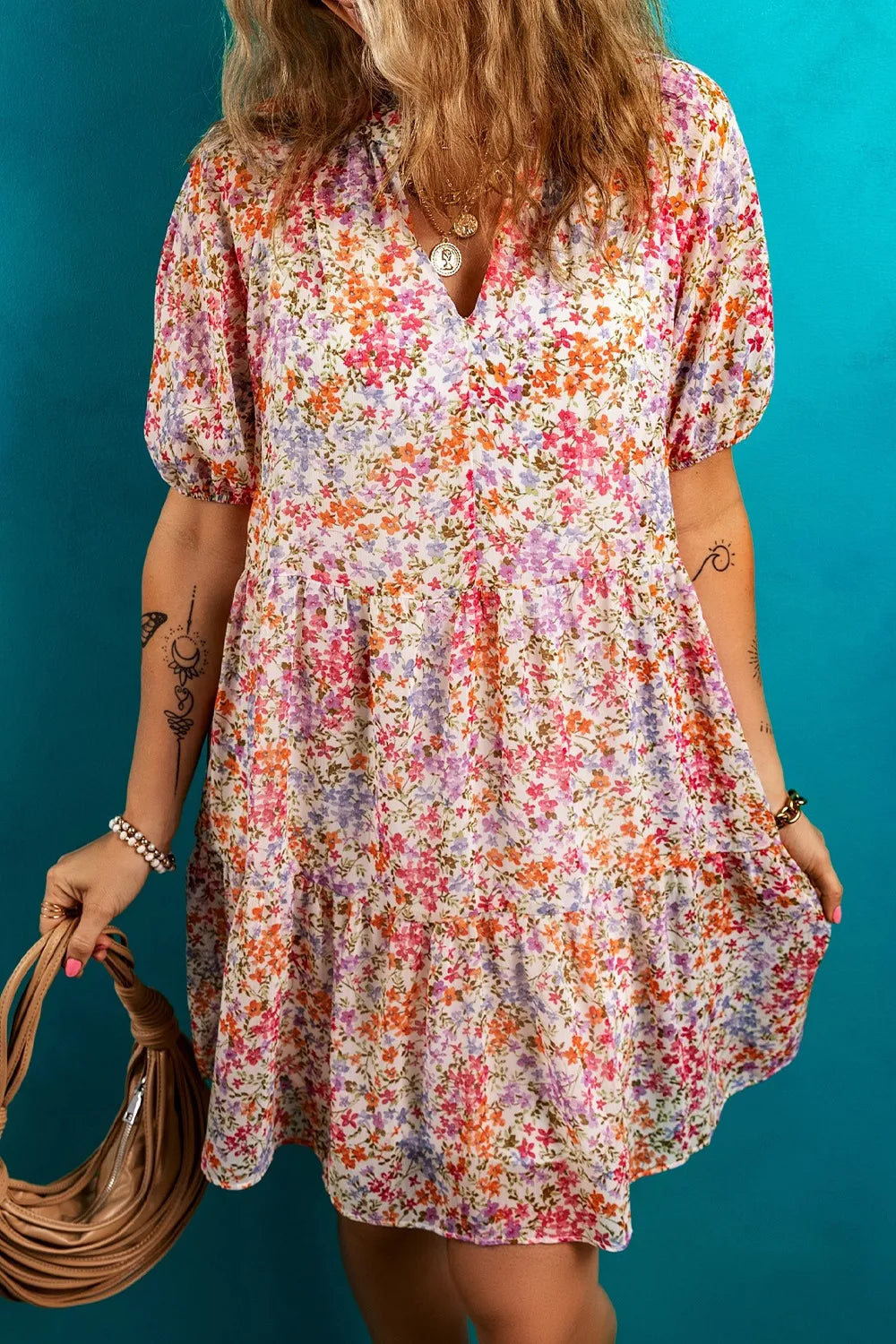 Floral Puff Sleeve Notched Tiered Mini Dress