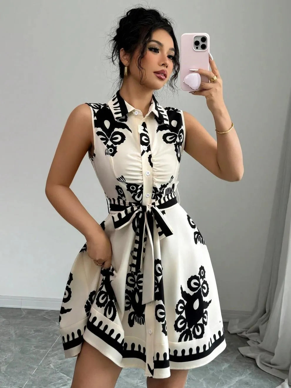 Printed Sleeveless Button Front Dress