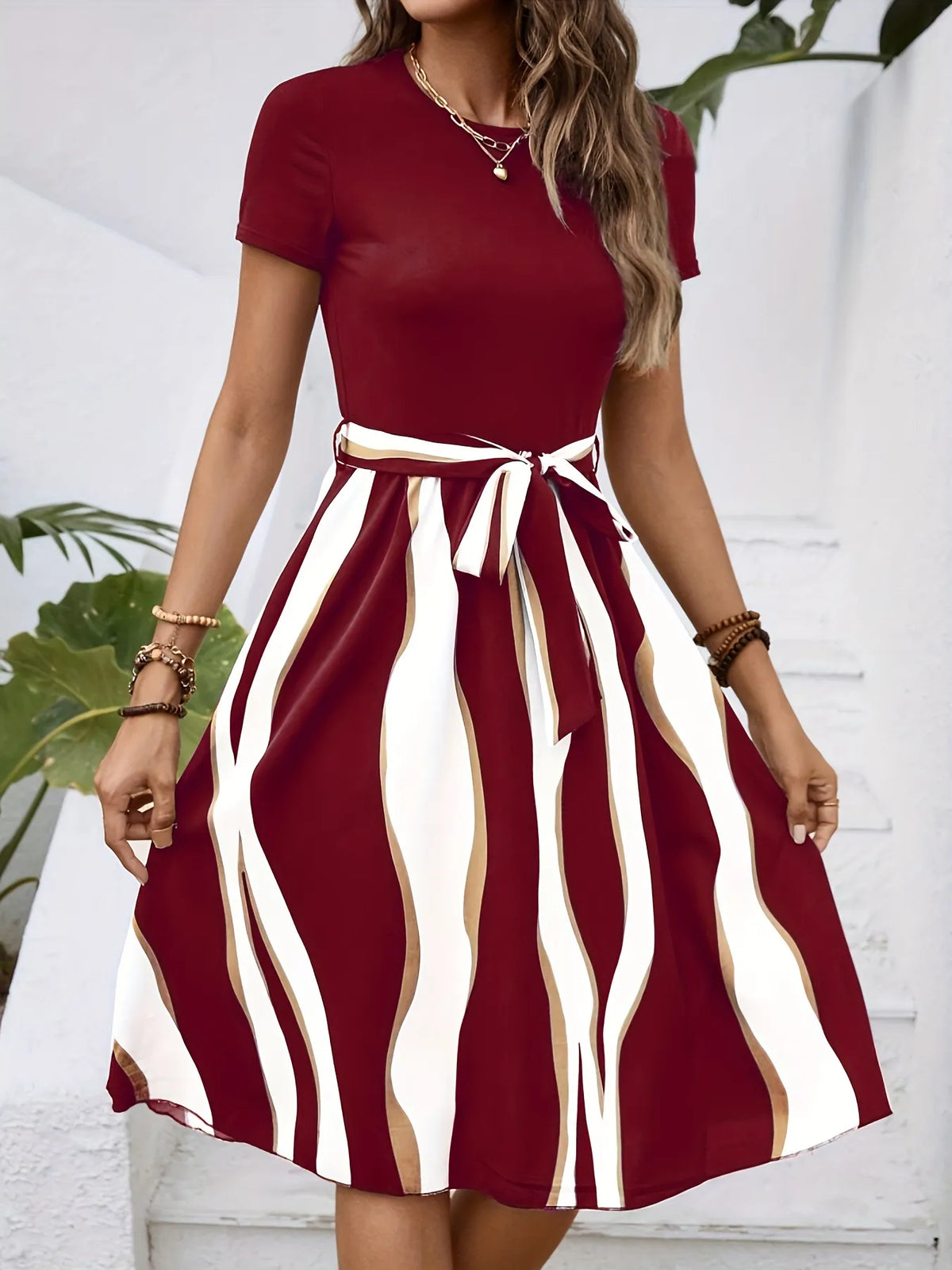 Striped Short Sleeve Tie Waist Dress
