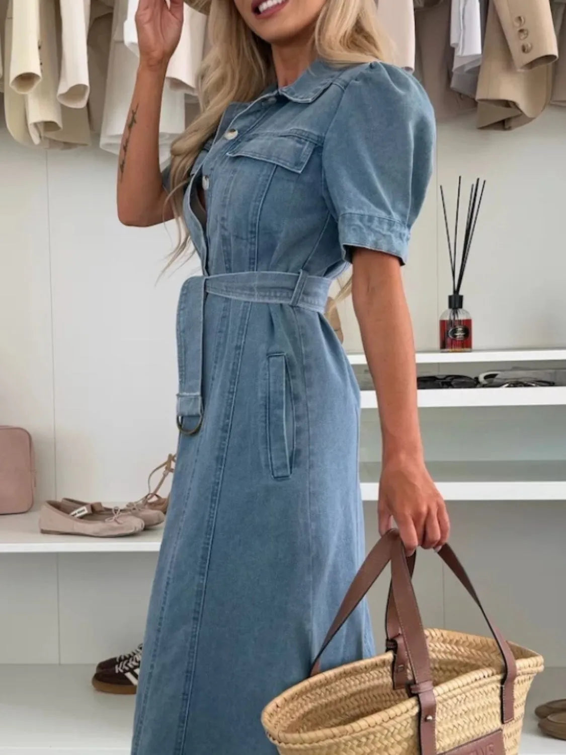 Puff Sleeve Button Down Belted Denim Midi Dress