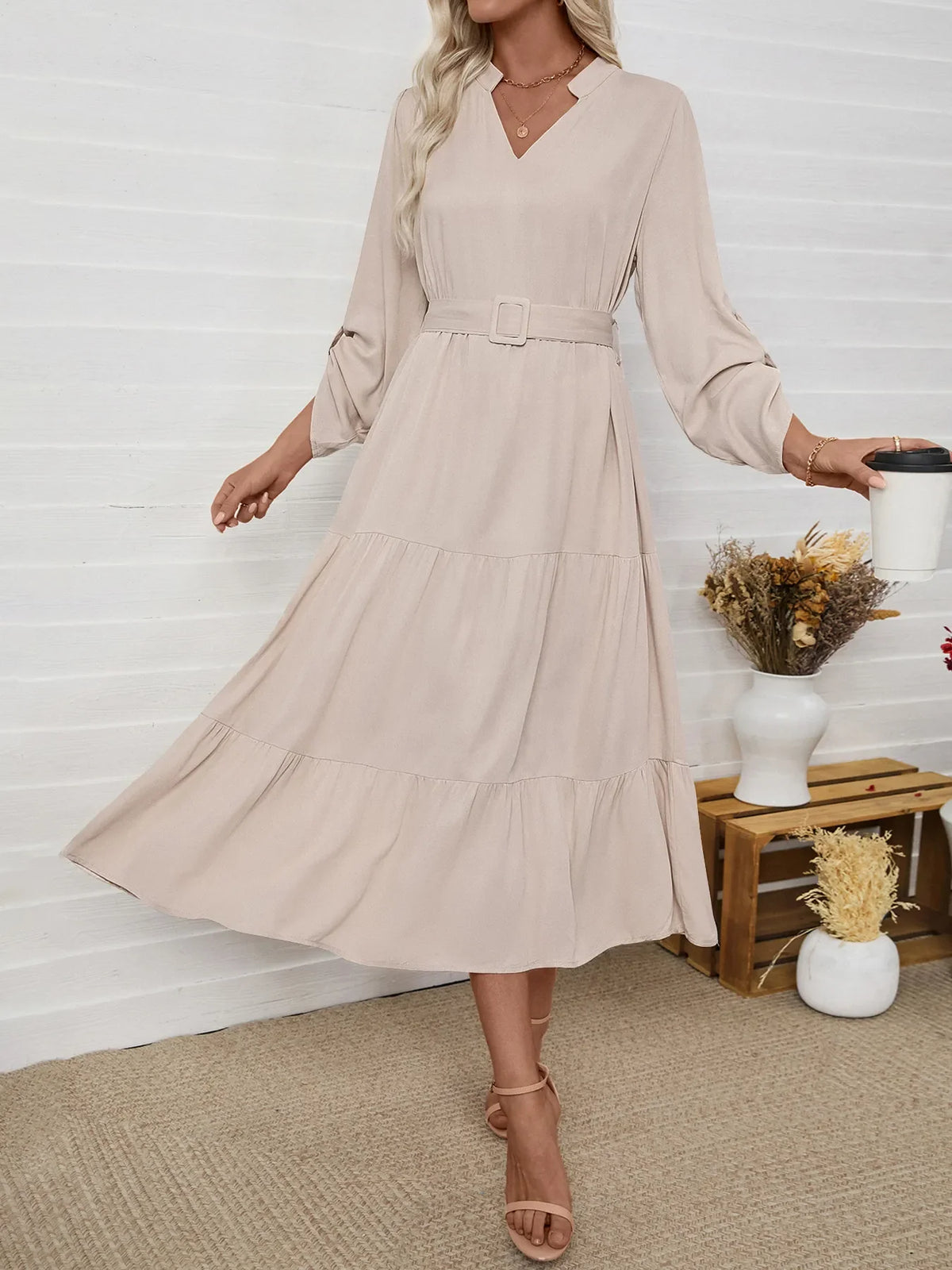 Tiered Notched Belted Midi Dress