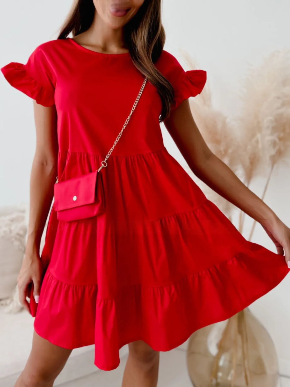 Ruffle Sleeve Tiered Swing Dress