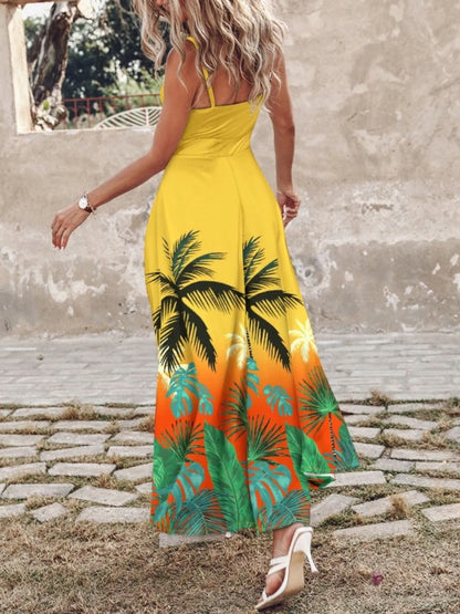 Feather Print Spaghetti Strap Split Dress