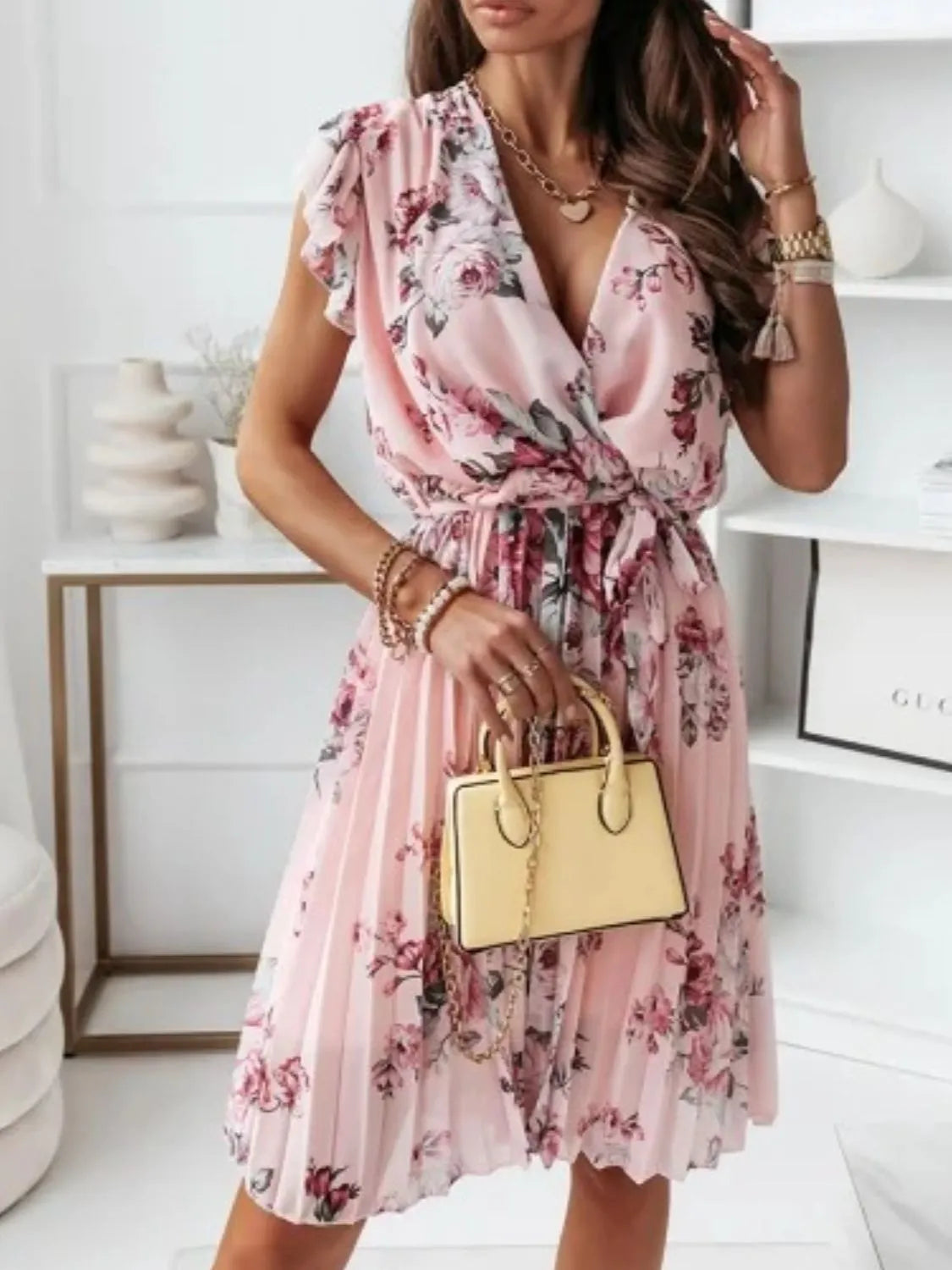 Floral Surplice Ruffled Cap Sleeve Dress
