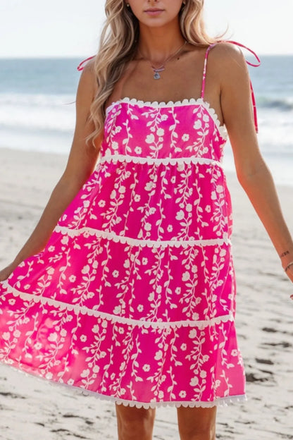 Floral Print Ric Rac Patched Sleeveless Mini Dress