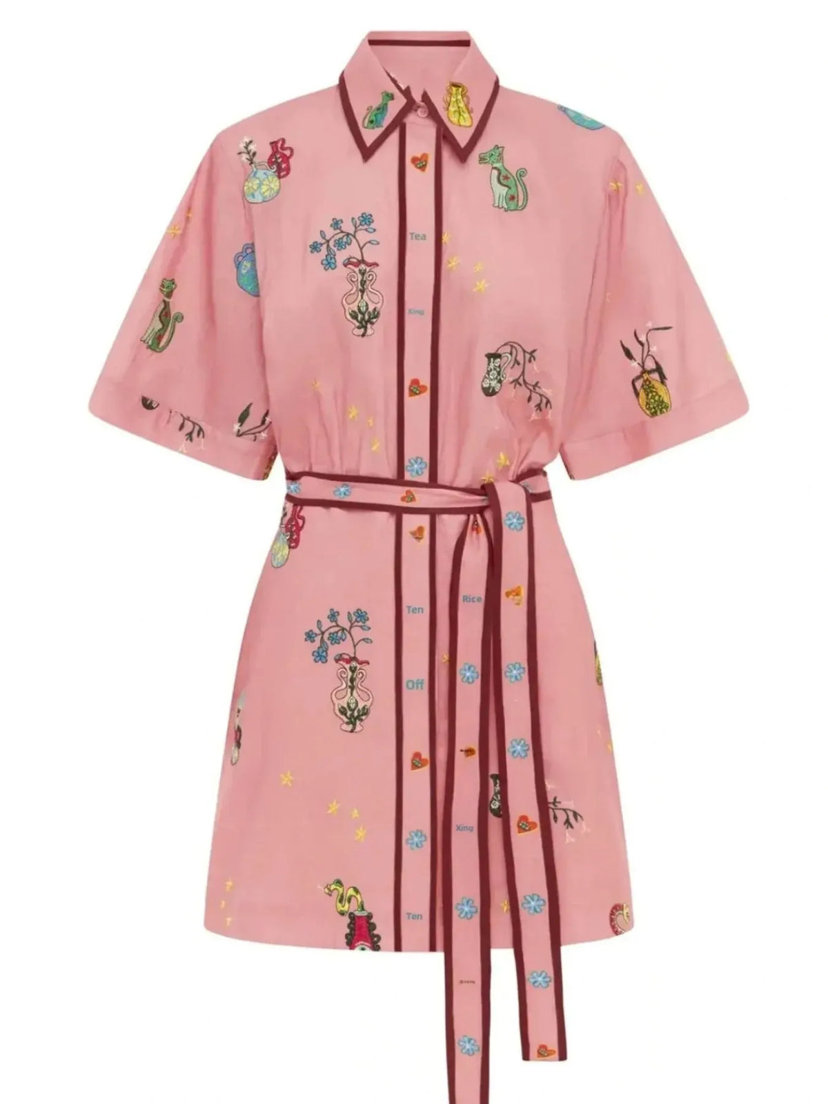 Printed Tie Waist Half Sleeve Shirt Dress