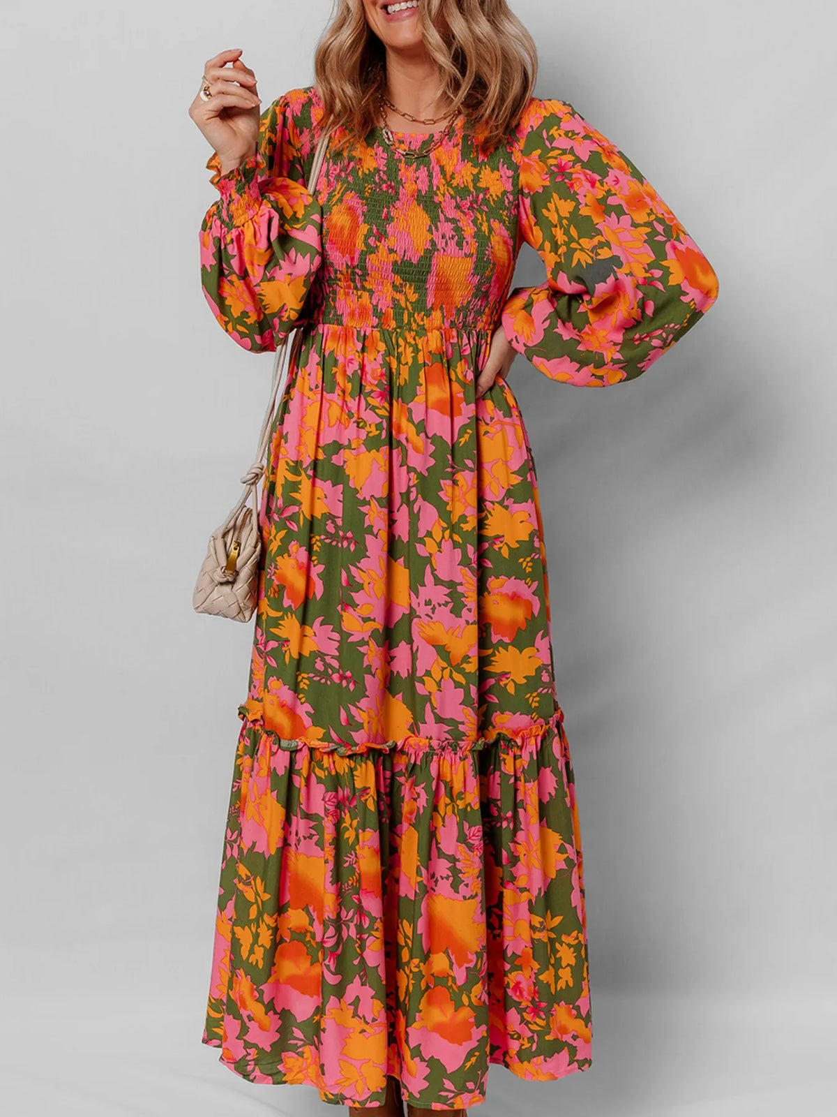 Smocked Floral Print Long Sleeve Maxi Dress