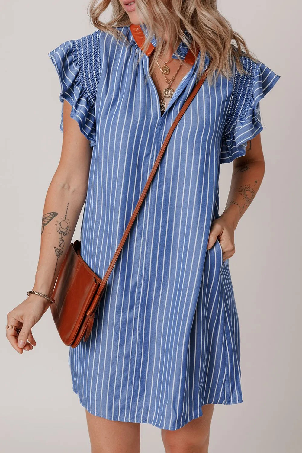 Stripe Frilly Split Neck Shirred Ruffle Sleeve Short Shift Dress