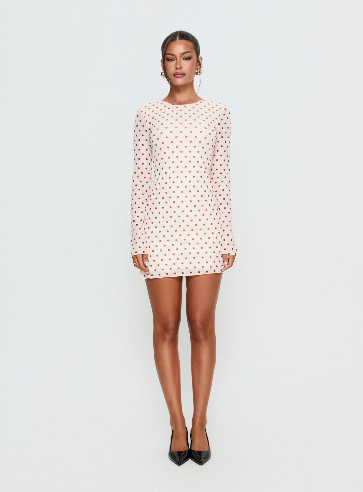 Nyxia Long Sleeve Mini Dress Cream / Red Polka