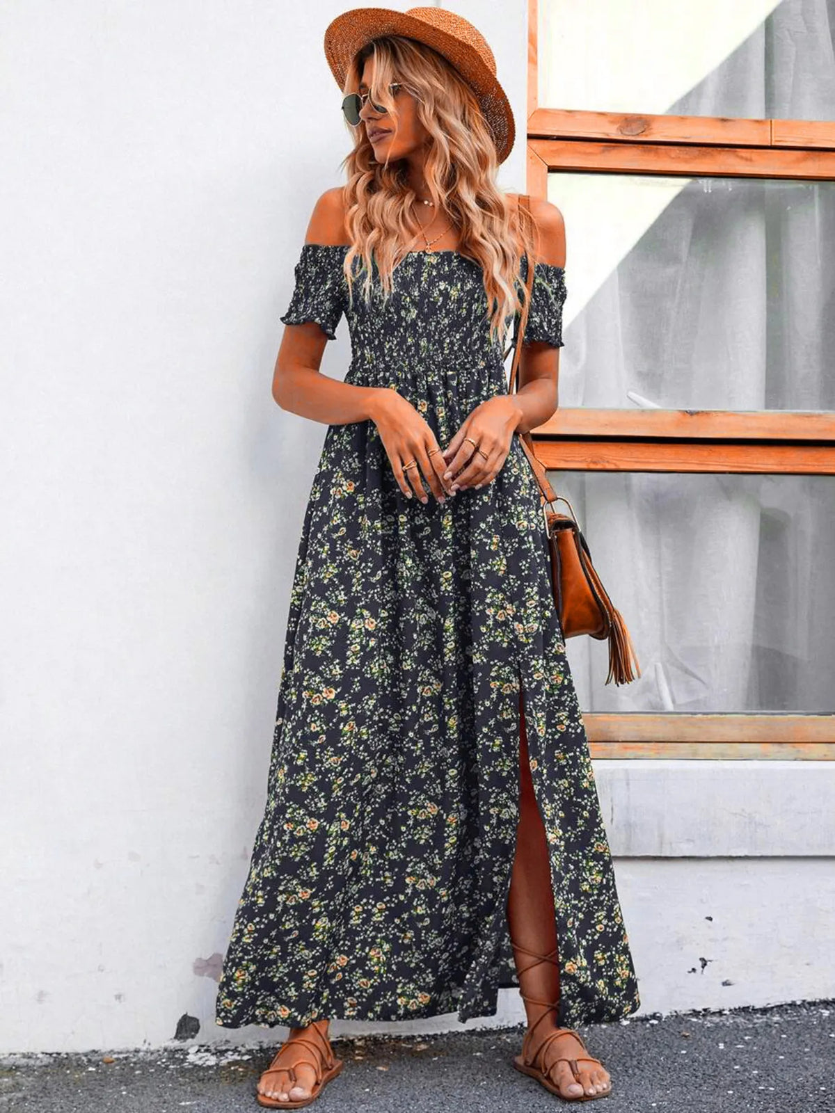 Full Size Slit Off-Shoulder Floral Midi Dress Plus Size