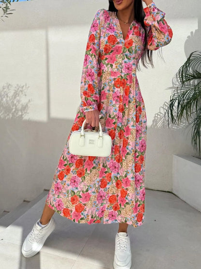 Floral Print Long Sleeve V-Neck Dress