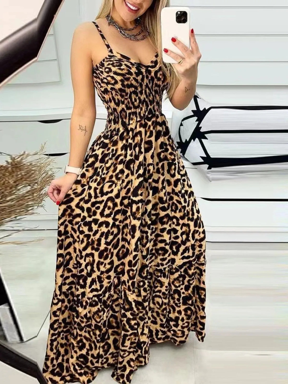 Full Size Leopard Print Spaghetti Strap Maxi Dress Plus Size