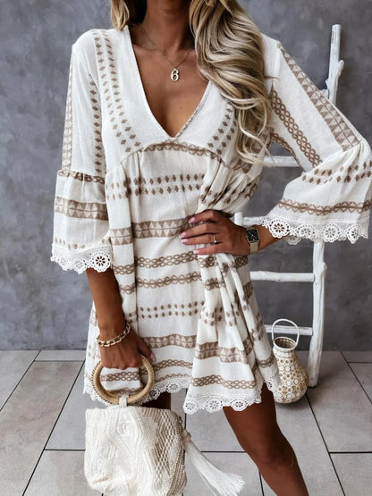 V-Neck Lace Trim Striped Babydoll Dress