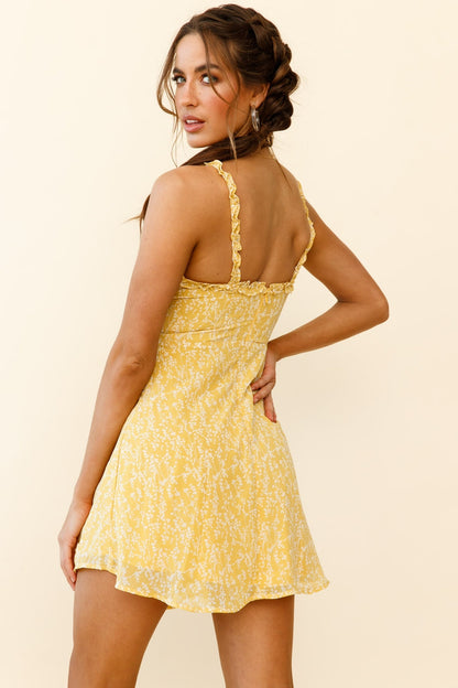 Baby Girl Gathered Bust Frill Strap Sun Dress Floral Print White/Yellow