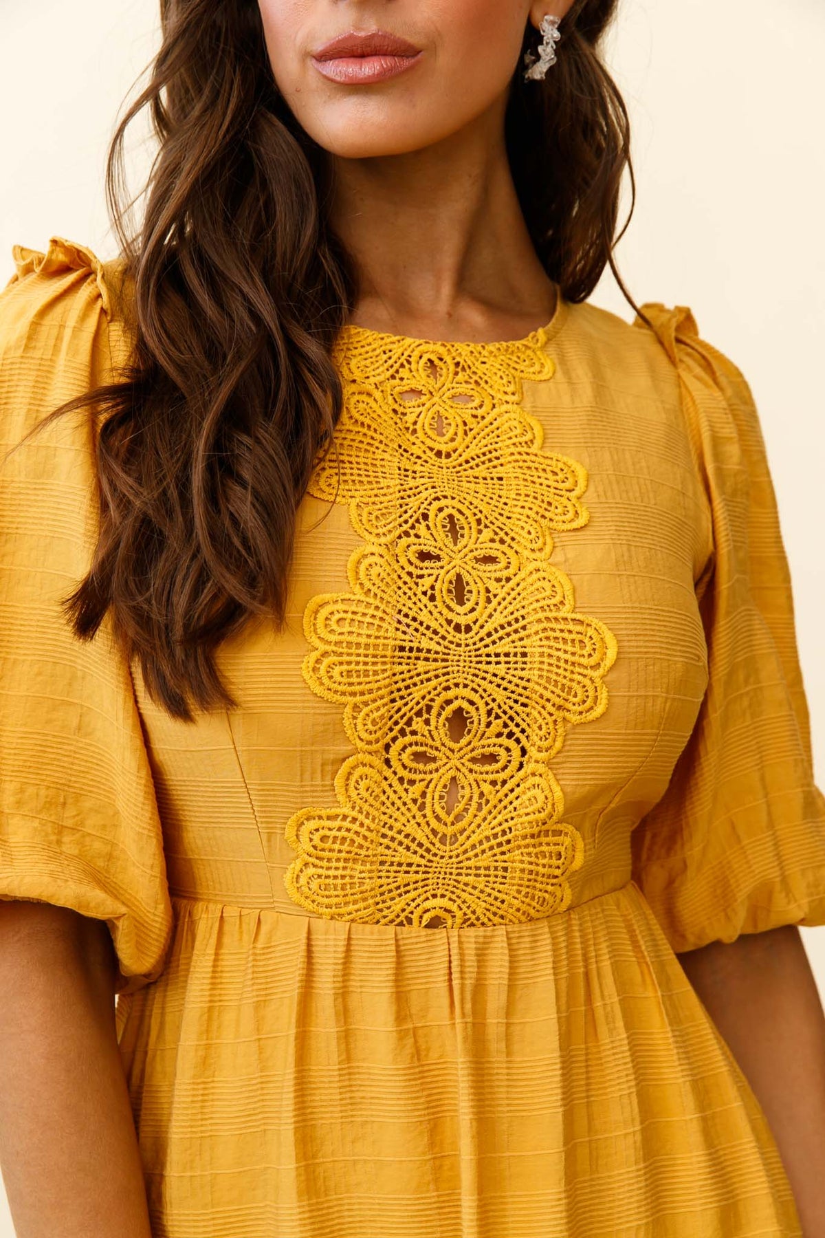 Sunday Morning Applique Embellished Open Back Dress Yellow