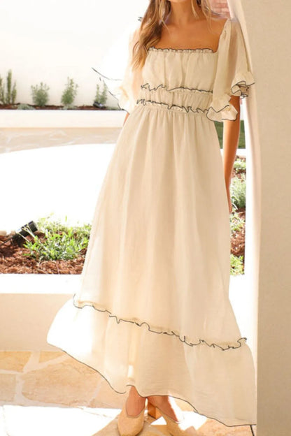 Square Neck Short Sleeve Midi Dress